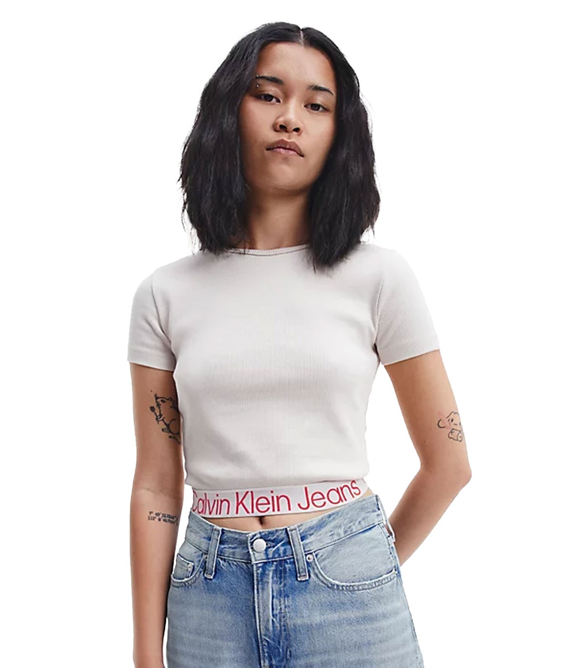 Calvin Klein - Camiseta con Logo Tape Rib - Beige
