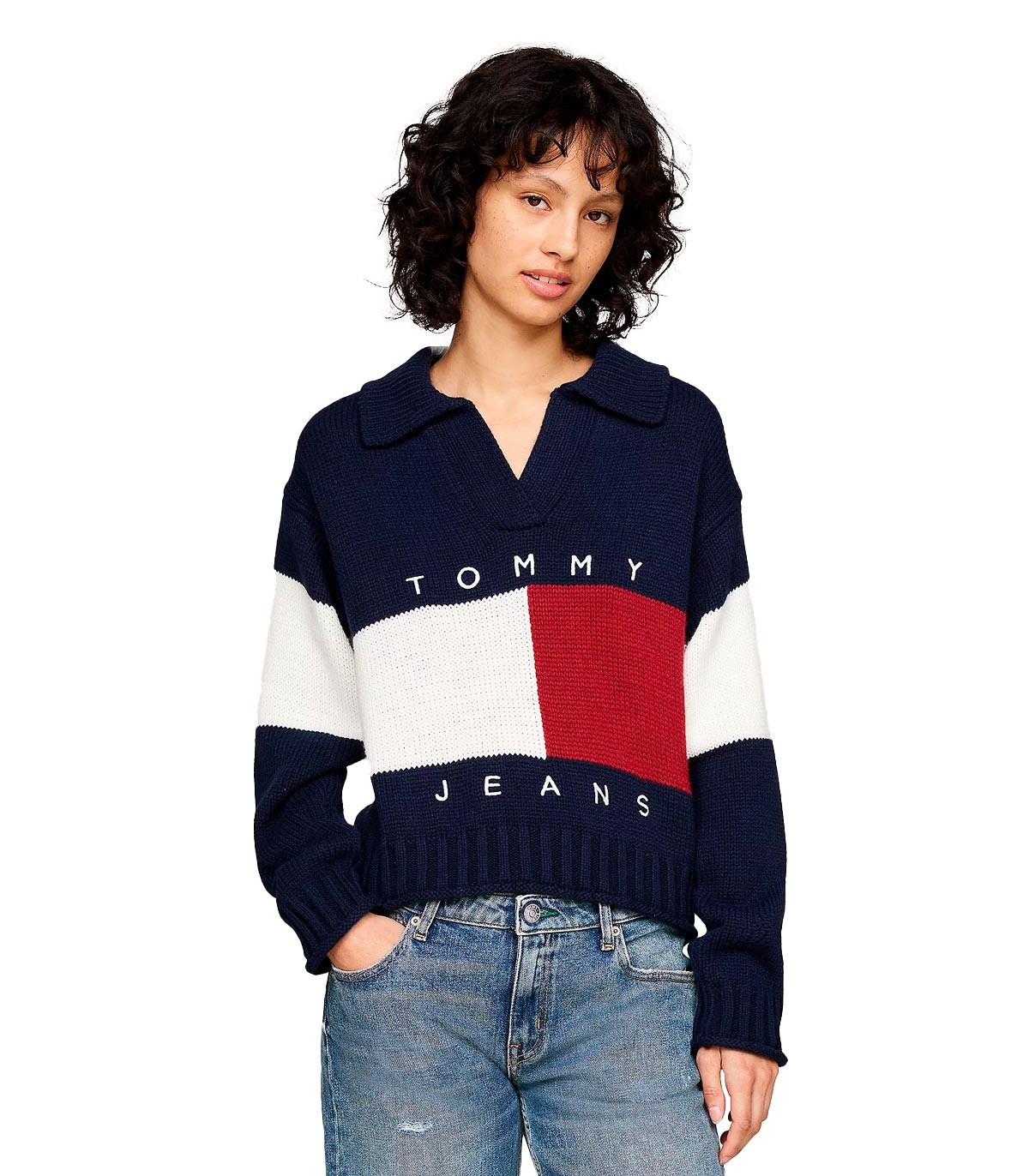 Tommy Jeans - Jersey Tricolor Con Cuello Rugby - Marino